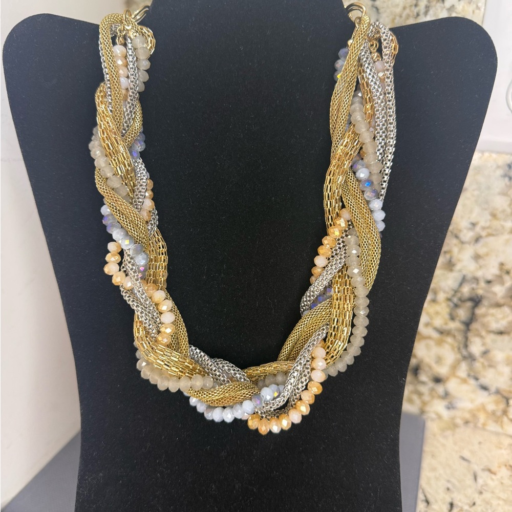 EUC Vintage tri-tone braided statement piece Glass beads Stones Mesh Necklace